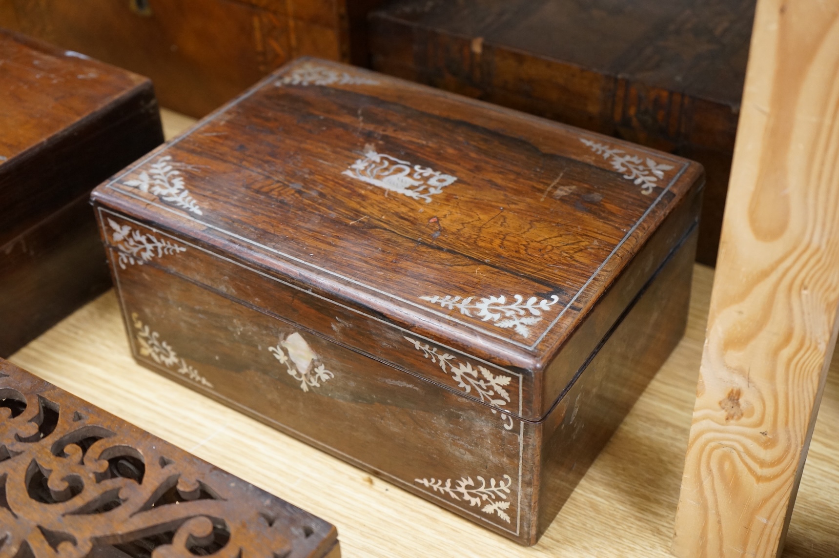 A collection of 19th and 20th century writing, stationery, tea caddies and painting boxes, largest 34.5cm wide (10)
